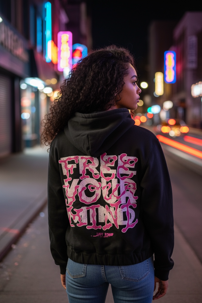 “Free Your Mind” Graphic Zip Hoodie – Black