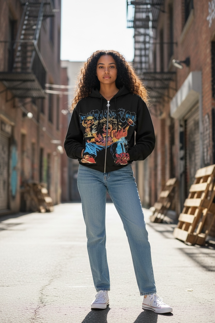 “RunNation” Graphic Zip Hoodie – Black